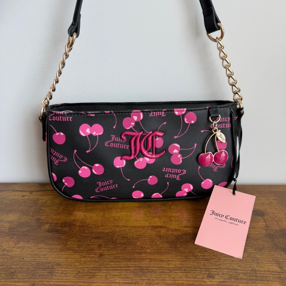 New Juicy Couture Cherry On Top Shoulder Handbag Y2K Charm Black Pink Gold